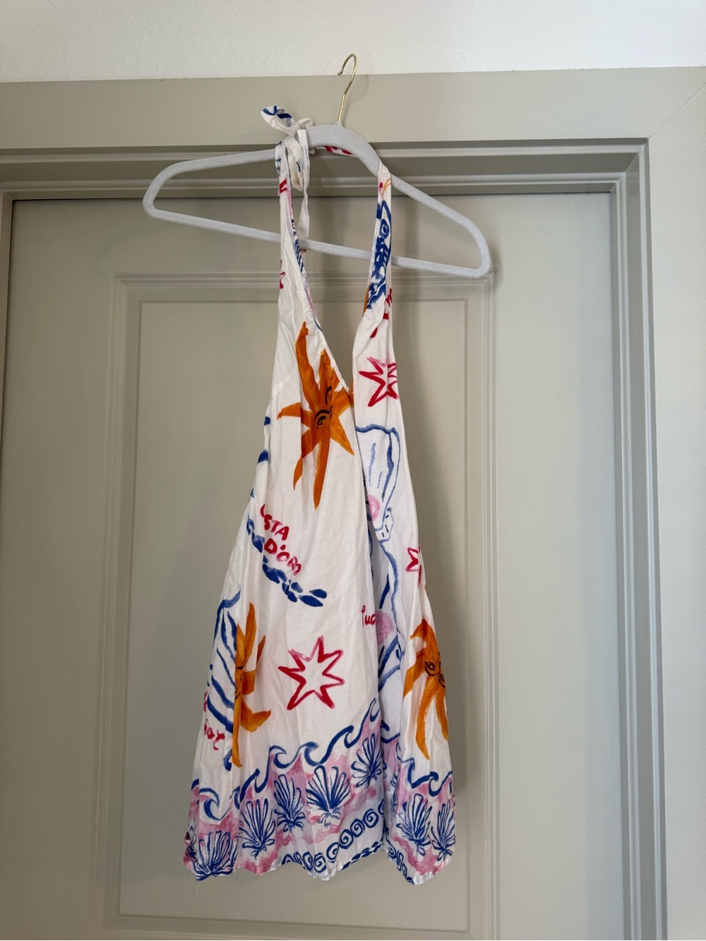 Urban Outfitters White Halter Mini Dress with Orange & Blue Print